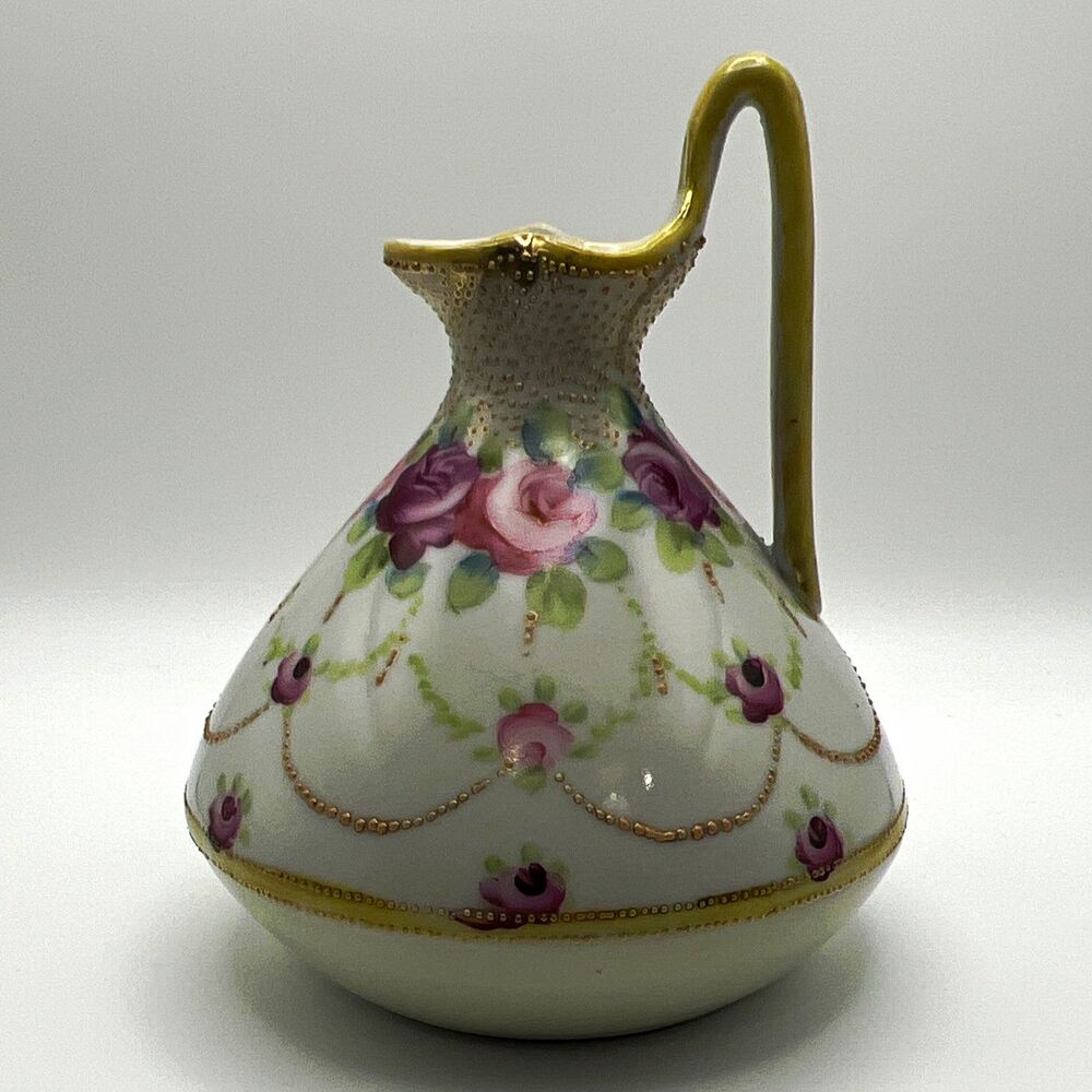 Nippon Hand Painted Floral Porcelain Pitcher 1 pt Gold Trim Japan Antique
